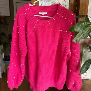 Chic Soul Bright Pink Sweater with Pearl Accents